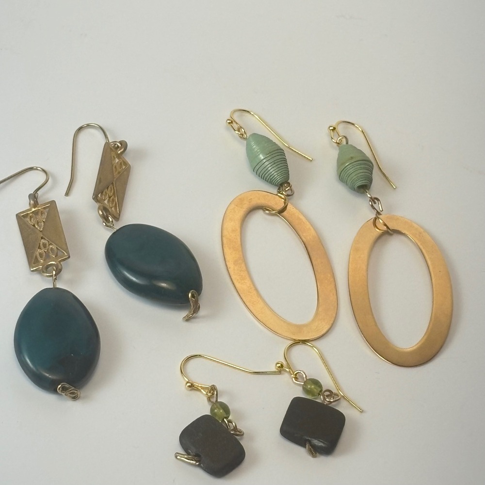 Handmade Dangle Earrings Set Gold Teal Brown Boho Statement Whimsygoth 3 Pairs